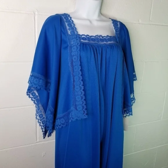 Vtg 70s royal blue long kimono sleeve maxi dress new - Picture 4 of 9